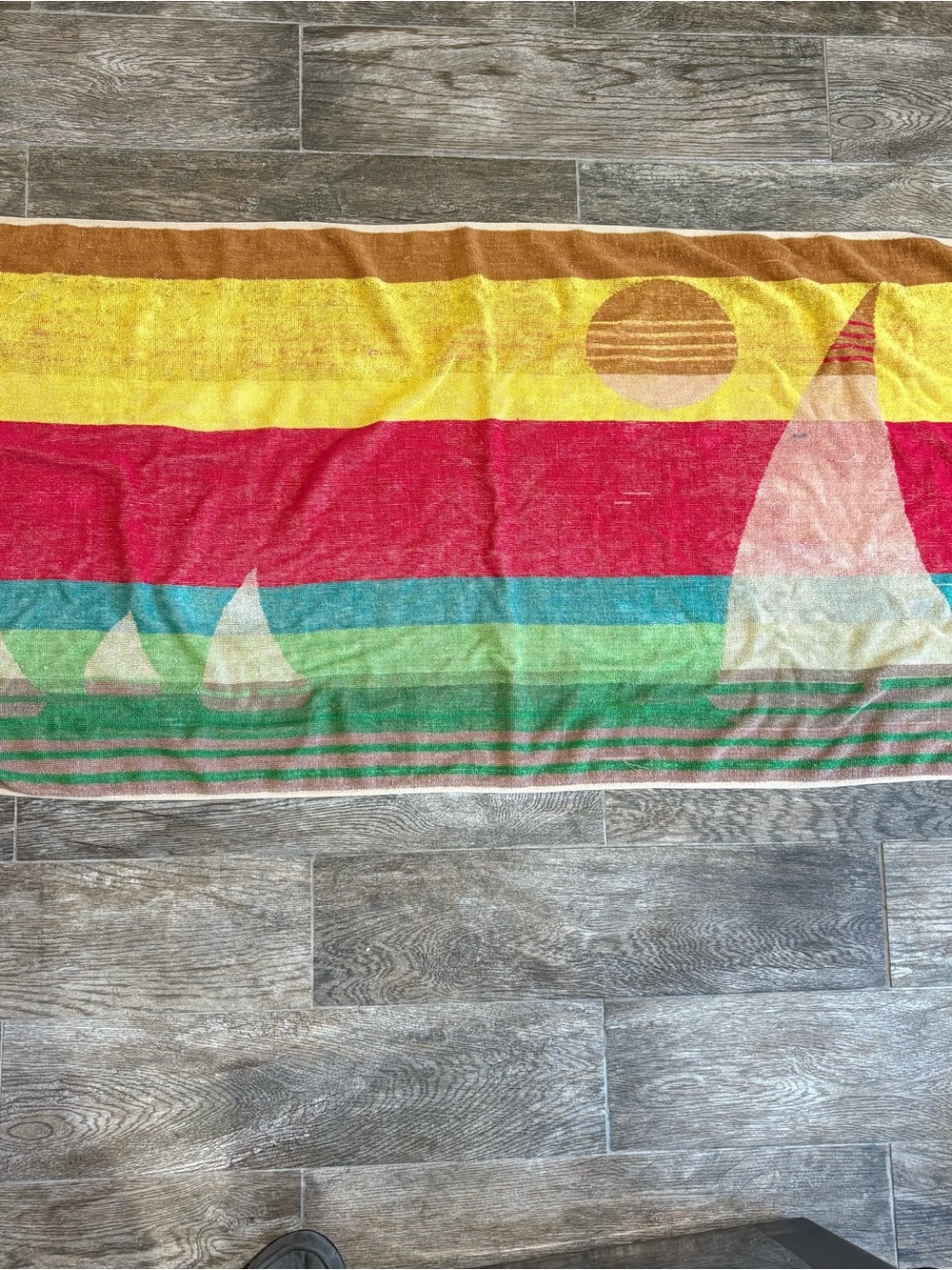 Vtg 70s Ocean Tide Rainbow Beach Towel Retro Boho Floral Psychedelic Terry Cloth
